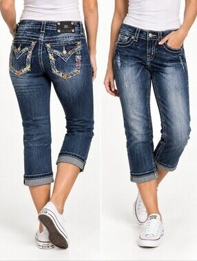 Miss Me Size 26 Cuffed Capri Jeans Embroidered Rhinestone NWT